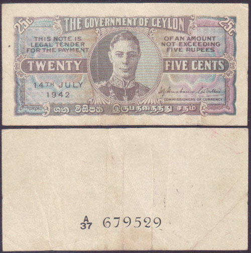 1942 Ceylon 25 Cents (July) L000159
